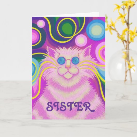 Psy猫delicのピンクの「姉妹」の「素晴しい誕生日」カード カード (黄色い花)