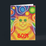PSY-CATで販売する「Son」の「groovy birthday」カード カード<br><div class="desc">グルーヴィベビー!渦巻くウィスカストライプのーと虹の背景を持つ黄色とオレンジサイケデリックの猫パターン（の模様が）ある。黄色、オレンジ、赤、青、緑、ピンク、紫、白のカスタマイズ可能なデザインを持つグリーティングカード独自の文字、画像、アイディアでパーソナライズする。 Jess Perryによるオリジナル強化デジタル色鉛筆スケッチ。</div>
