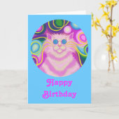 Psy-cat-delicピンクの'ハッピーバースデー'カードブルー カード (黄色い花)