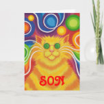 Psy-cat-delic 'Son' 'groovy birthday'カード カード<br><div class="desc">グルービーベビー!ヒゲが渦巻くストライプの黄色とオレンジ色のサイケデリック猫パターン（の模様が）ある。ご自身の文字、アイディア、画像、をカスタマイズできる、黄色、オレンジ、赤、青、緑、ピンク、紫、白のカスタマイズ可能なデザインを備えたグリーティングカード。Jess Perryのオリジナルのデジタル色の鉛筆スケッチ。</div>