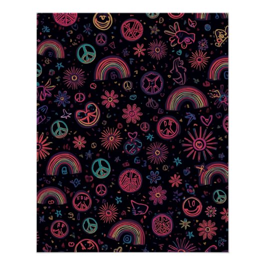 Psychedelic 70s Wall Art | Neon Daisies & Electric ポスター (正面)