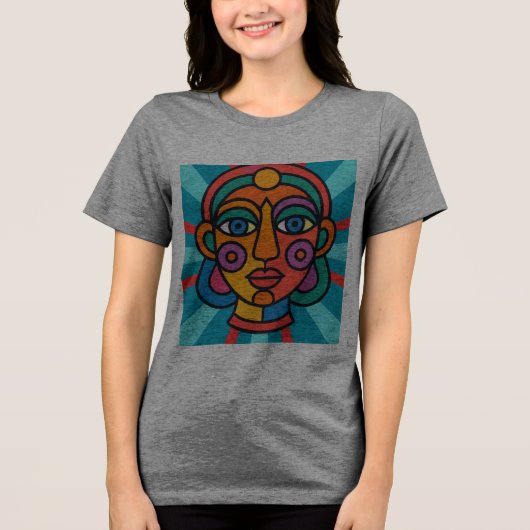 Psychedelic Abstract Face – 70s Surreal Geometric  トライブレンドＴシャツ (正面)