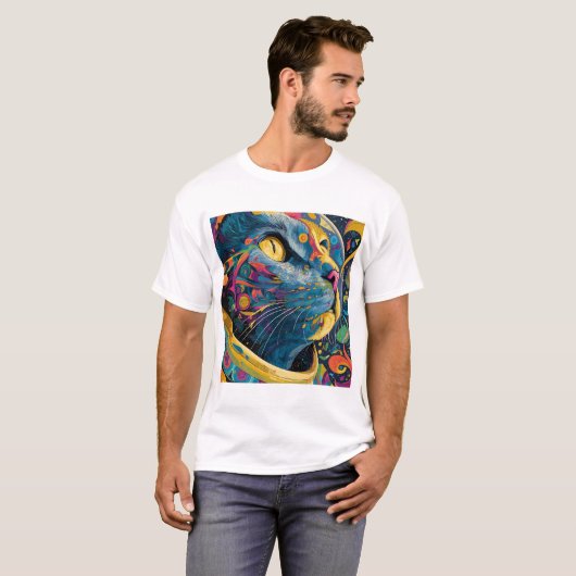Psychedelic Astro Cat – Cosmic Color Burst Tシャツ (正面フル)