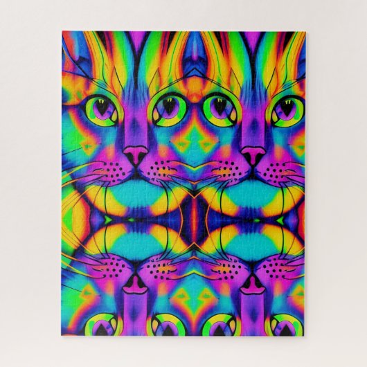 Psychedelic cat illusion purple fuchsia green  ジグソーパズル (縦)