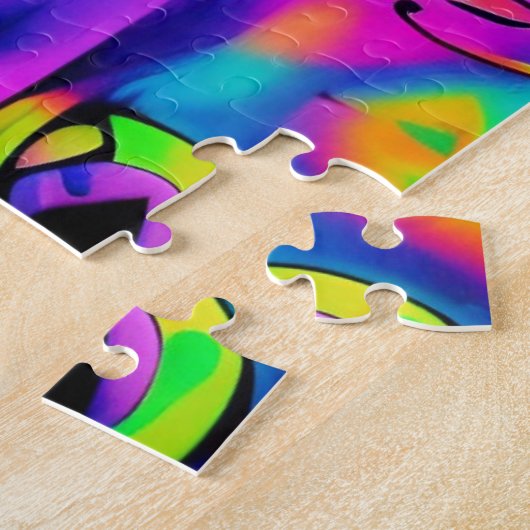 Psychedelic cat illusion purple fuchsia green ジグソーパズル (側面)