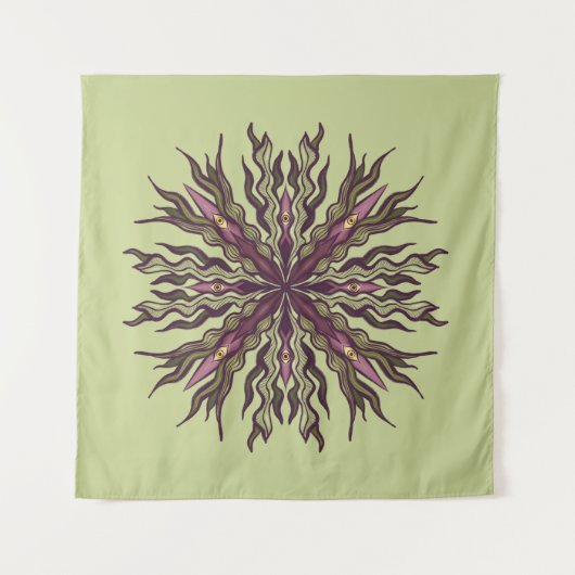 Psychedelic Eye Plant - Surreal Botanical Mandala タペストリー (正面(横))