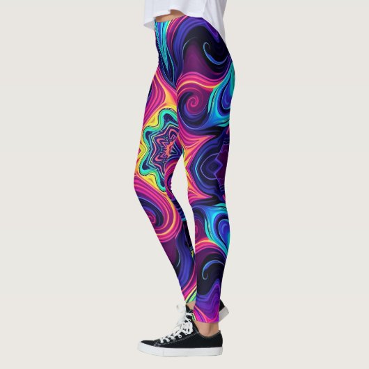 Psychedelic Fractal Leggings with Neon Mandala Art レギンス (左)