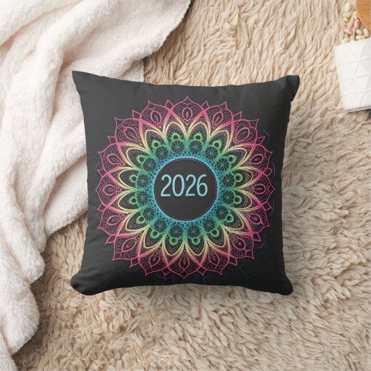 Psychedelic Fractal Mandala 2026 Design with Neon  クッション (ブランケット)