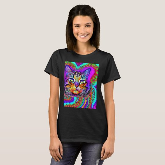 Psychedelic Kitty Kitten Lover In Cat Art Style_3 Tシャツ (正面フル)