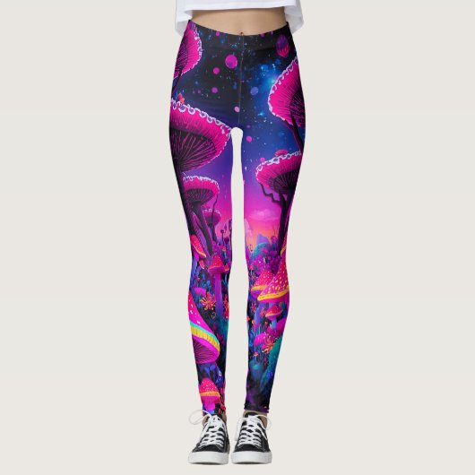 Psychedelic Mushroom Forest Leggings – Trippy Neon レギンス (正面)