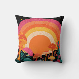 Psychedelic Mushroom Sunset – Retro Fantasy Nature クッション