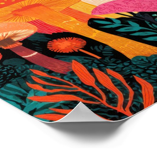 Psychedelic Mushroom Sunset – Retro Fantasy Nature ポスター (角)