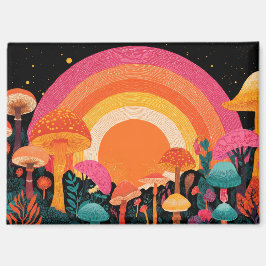 Psychedelic Mushroom Sunset – Retro Fantasy Nature マグネット