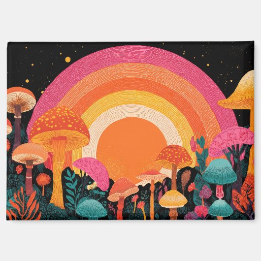 Psychedelic Mushroom Sunset – Retro Fantasy Nature マグネット (正面)