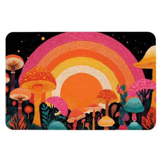 Psychedelic Mushroom Sunset – Retro Fantasy Nature マグネット (横)