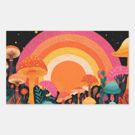 Psychedelic Mushroom Sunset – Retro Fantasy Nature 長方形シール