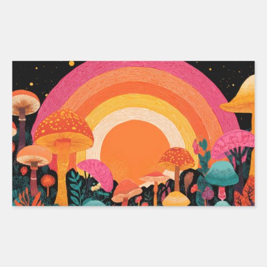 Psychedelic Mushroom Sunset – Retro Fantasy Nature 長方形シール (正面)
