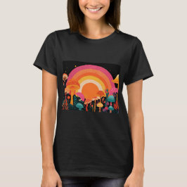 Psychedelic Mushroom Sunset – Retro Fantasy Nature Tシャツ