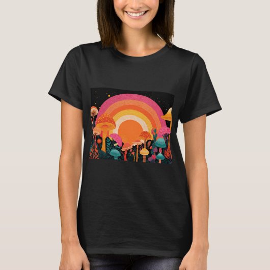 Psychedelic Mushroom Sunset – Retro Fantasy Nature Tシャツ (正面)
