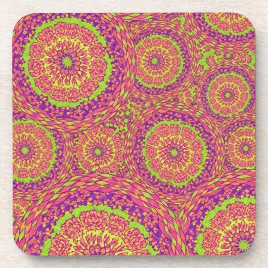 Psychedelic Neon Mandala Swirl Pattern コースター (正面)