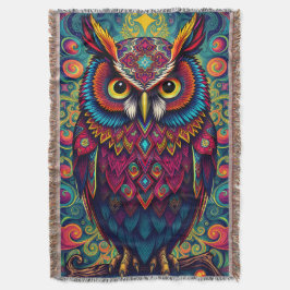 🌈 Psychedelic Owl Comfort – Boho Animal Throw Art スローブランケット