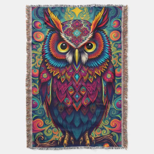 🌈 Psychedelic Owl Comfort – Boho Animal Throw Art スローブランケット (正面縦)