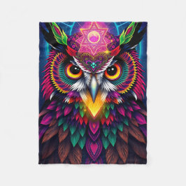 Psychedelic Owl: Neon Mandala Art フリースブランケット