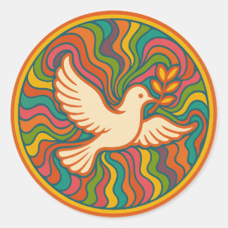 Psychedelic Peace Dove Retro 70s Colorful Groovy  ラウンドシール