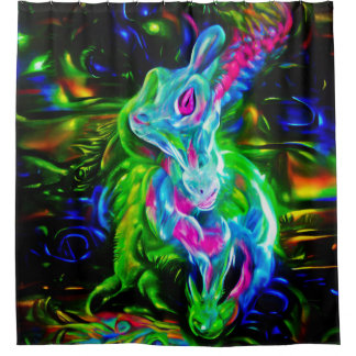 Psychedelic Rabbit Dragon in Neon Fantasy シャワーカーテン