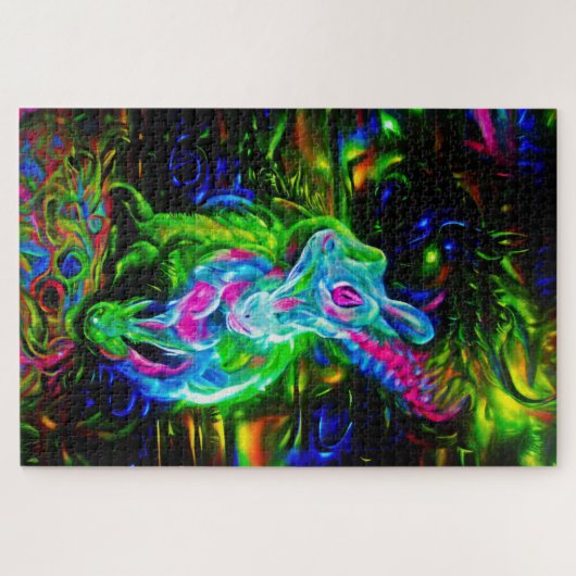 Psychedelic Rabbit Dragon in Neon Fantasy ジグソーパズル (横)