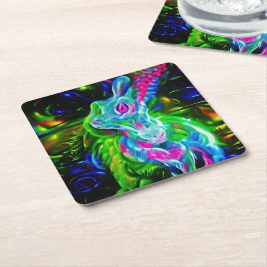 Psychedelic Rabbit Dragon in Neon Fantasy スクエアペーパーコースター (アングル)