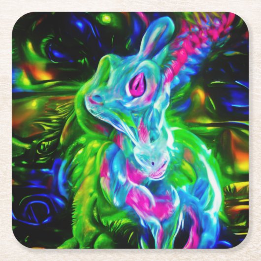 Psychedelic Rabbit Dragon in Neon Fantasy スクエアペーパーコースター (正面)