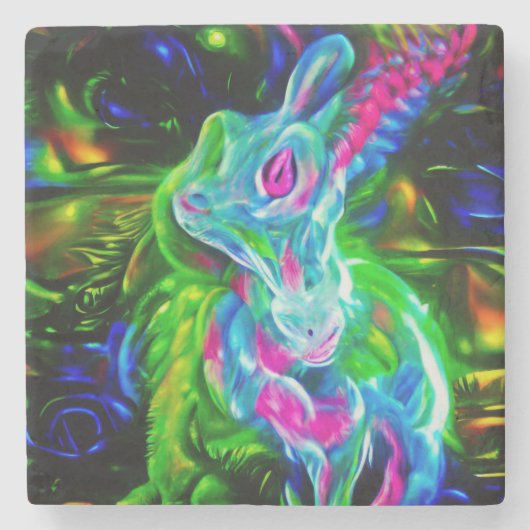 Psychedelic Rabbit Dragon in Neon Fantasy ストーンコースター (正面)
