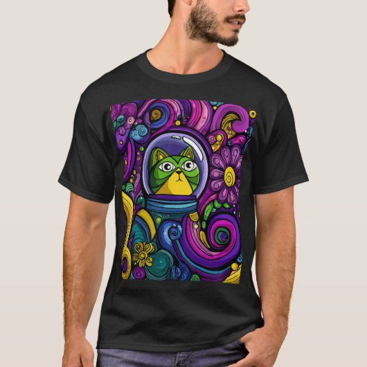 Psychedelic Space Cat – Color-Burst Astronaut Tシャツ (正面)