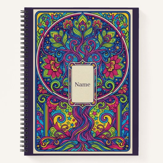 Psychedelic Tree of Life Neon Mandala Journal ノートブック (正面)