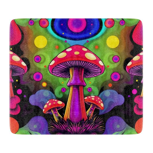 Psychedelic Vibrant Colorful Retro Mushrooms カッティングボード (正面)