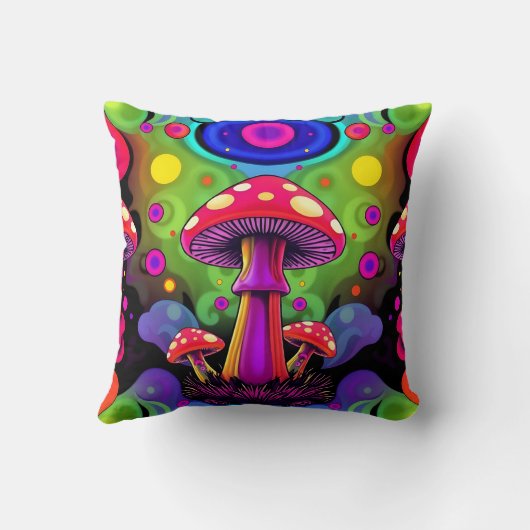 Psychedelic Vibrant Colorful Retro Mushrooms クッション (裏面)
