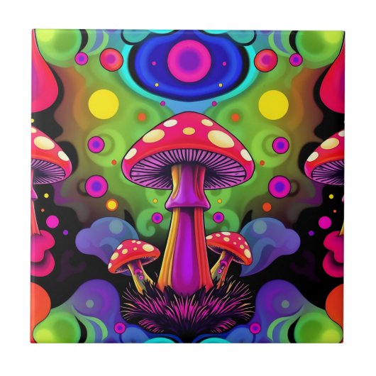 Psychedelic Vibrant Colorful Retro Mushrooms タイル (正面)