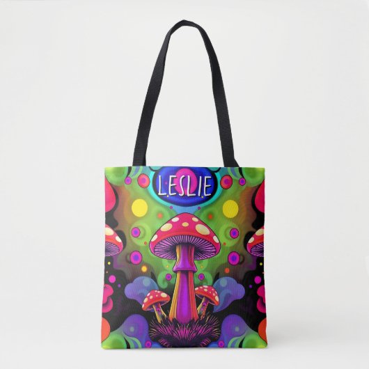 Psychedelic Vibrant Colorful Retro Mushrooms トートバッグ (正面)