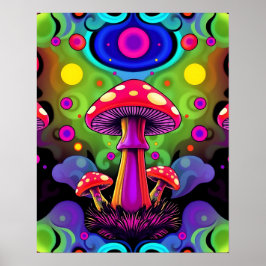 Psychedelic Vibrant Colorful Retro Mushrooms ポスター