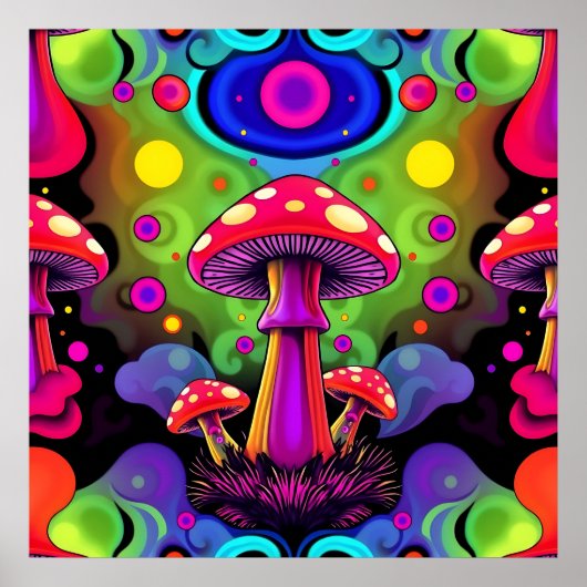 Psychedelic Vibrant Colorful Retro Mushrooms ポスター (正面)