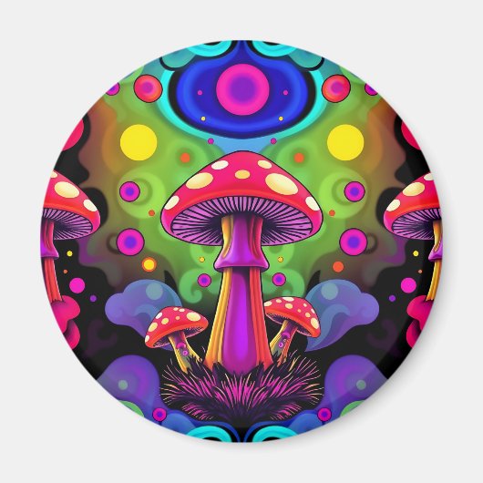 Psychedelic Vibrant Colorful Retro Mushrooms マグネット (正面)