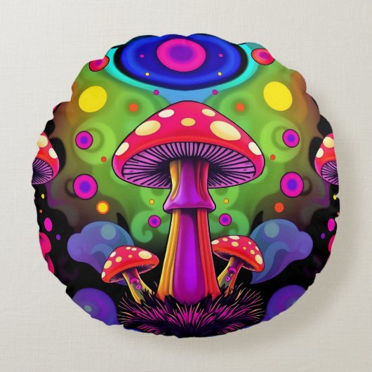 Psychedelic Vibrant Colorful Retro Mushrooms ラウンドクッション (正面)