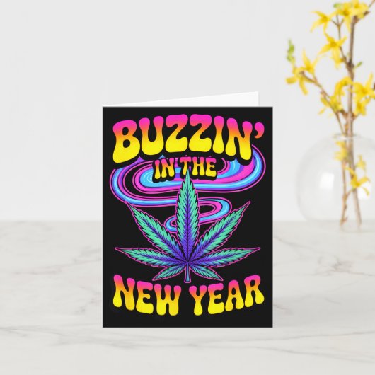 Psychedelic Weed Buzzing In New Year 2026 Funny  カード (黄色い花)