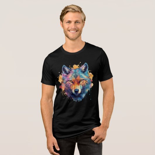 Psychedelic Wolf – Rainbow Spirit Animal Art トライブレンドＴシャツ (正面全面)