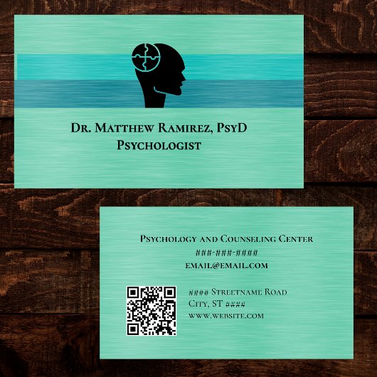 Psychologist Psychiatrist Teal Faux Metal QR Code 名刺