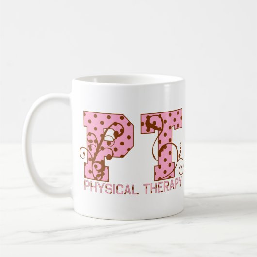 ptのピンクおよび茶色の水玉模様 コーヒーマグカップ (左)