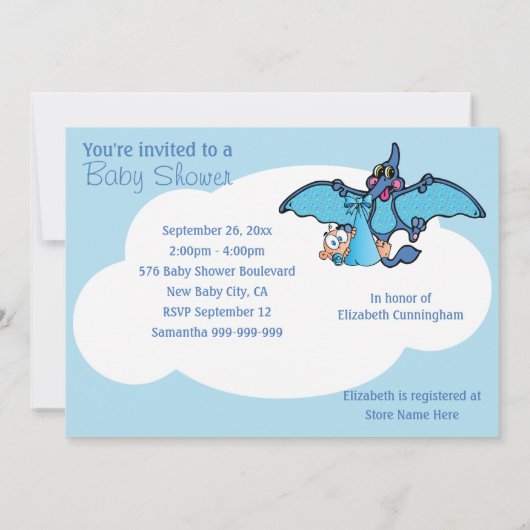 Pterodactylの恐竜それは男の子のベビーシャワーです 招待状 (裏面)