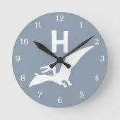 Pterodactyl Dinosaur Monogram Nursery Wall Clock ラウンド壁時計 (正面)