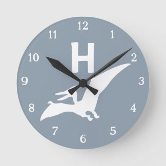 Pterodactyl Dinosaur Monogram Nursery Wall Clock ラウンド壁時計